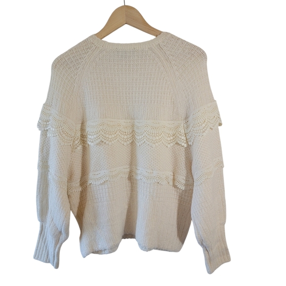 EXPRESS Ivory Wool Alpaca Blend Pullover Sweater Sz L Lace Tiered Minimalist - Picture 2 of 12
